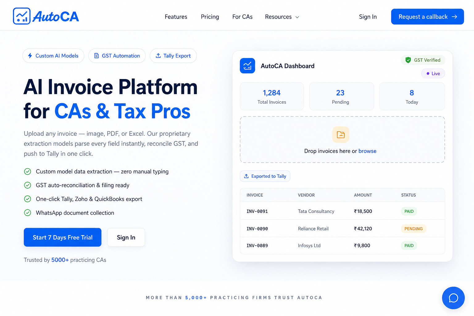 AutoCA — AI invoice platform hero with live dashboard preview