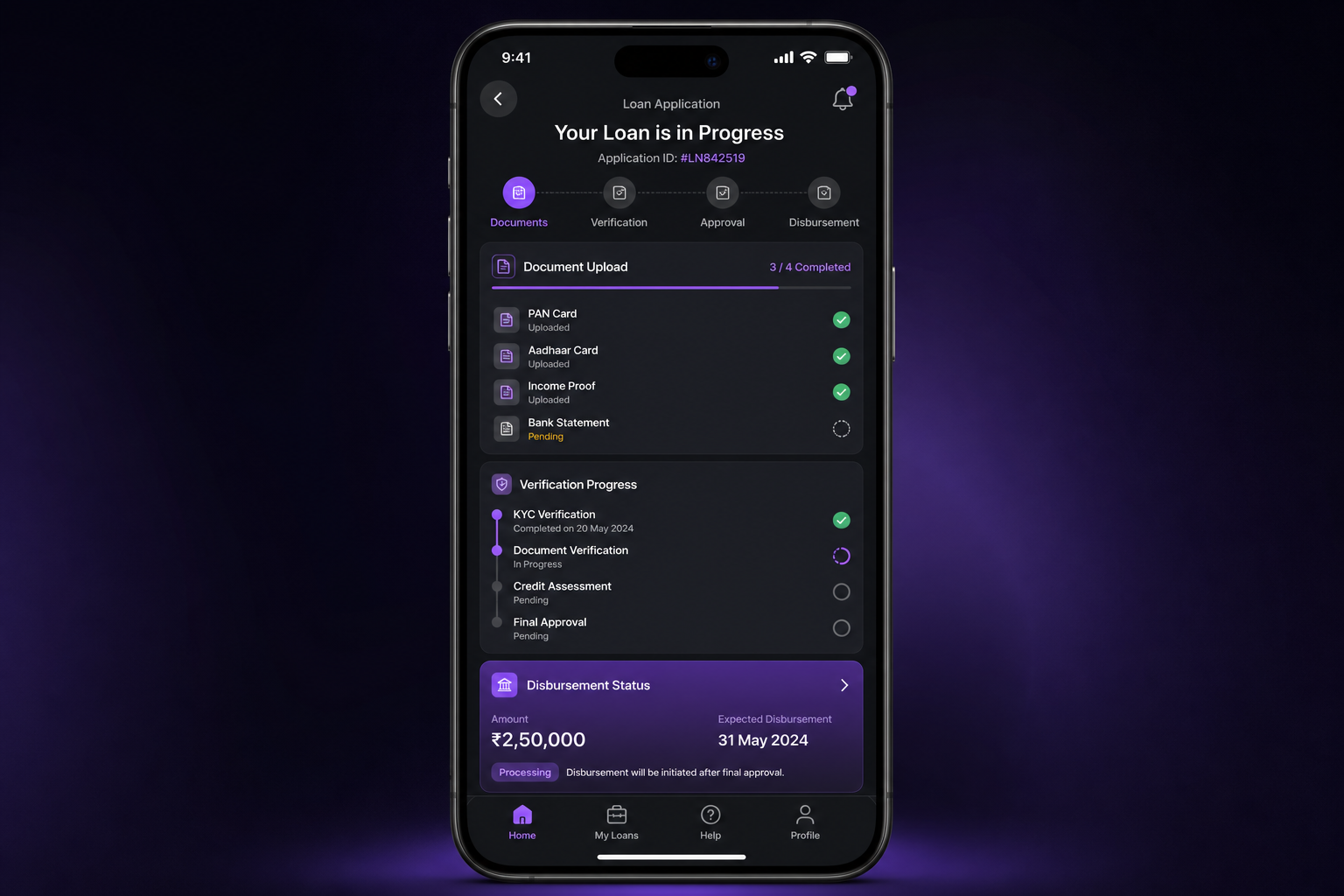 Loan status tracker mobile fintech app UI on phone