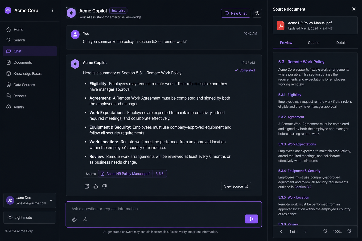 Knowledge base RAG copilot chat UI with citations